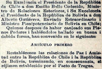 Extracto del Tratado de Paz y Amistad entre Chile y Bolivia