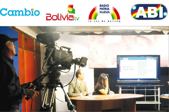 Medios estatales de Bolivia: Red Patria Nueva, Bolivia TV, periódico Cambio, Agencia Boliviana de Información, el Sistema Nacional de Pueblos Indígenas y radios aliadas.