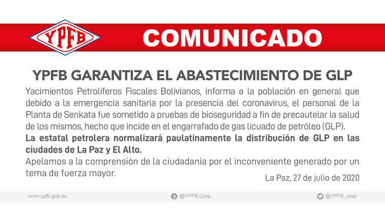 El comunicado que emitió YPFB en respuesta al desabastecimiento de GLP en La Paz y El Alto.