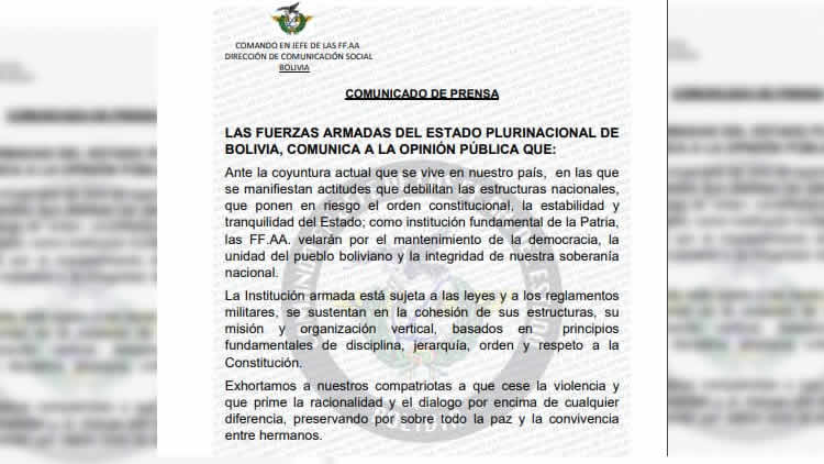 El comunicado de prense de las Fuerzas Armadas de Bolivia.